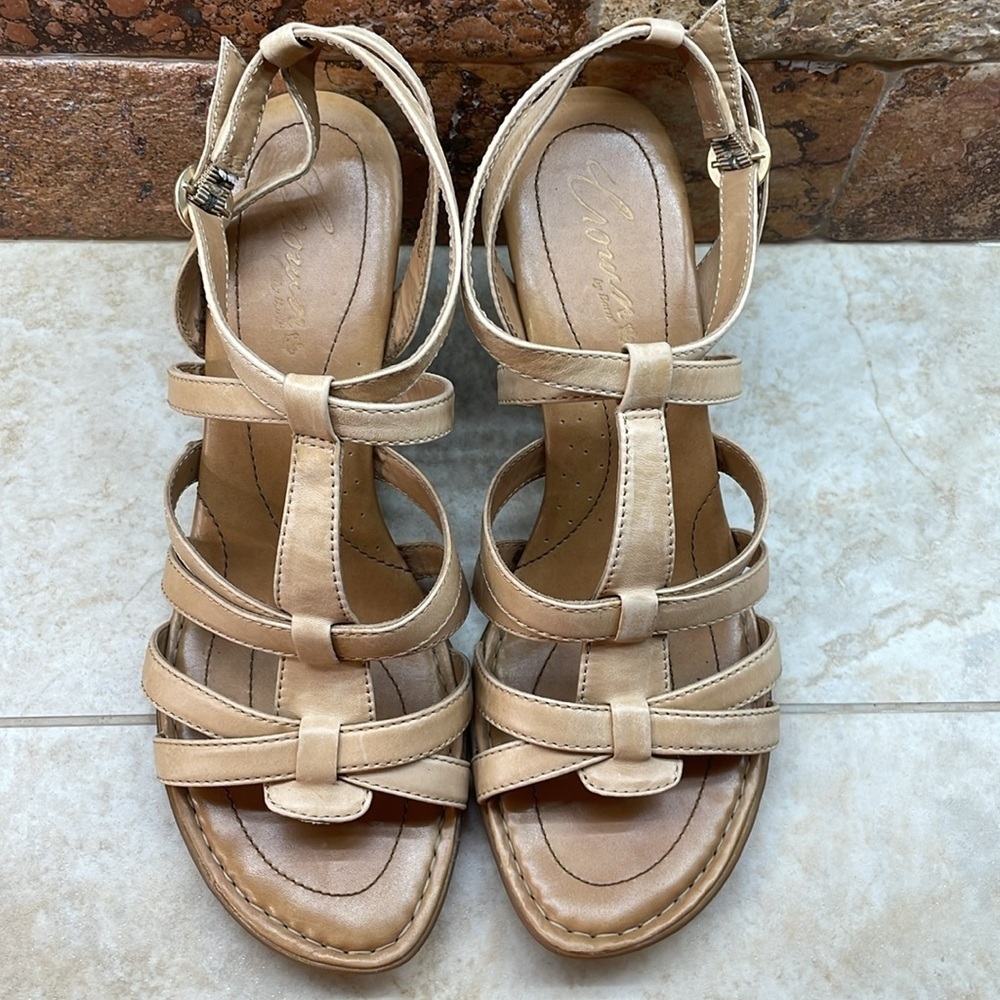 Crown Born Sandals Leather Size 11 Strappy Snake Print Heel Vedge Shoes Nude - Picture 6 of 15